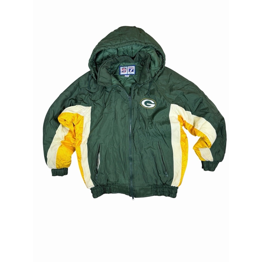 Vintage Logo 7 Green Bay Packers Hooded Puffer Jacket NFL Men's Medium